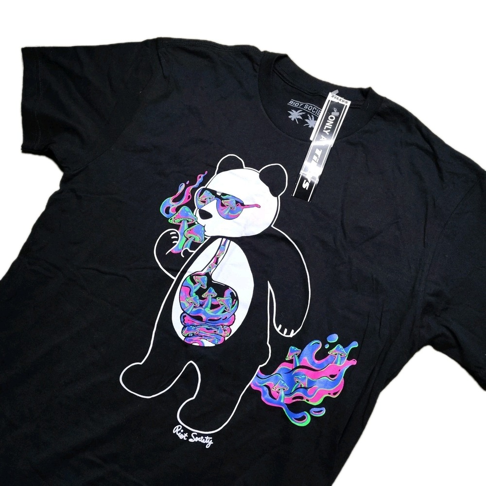 Riot Society Panda Mushroom T-Shirt Men Size M Black NWT Psychedelic Graphic Tee